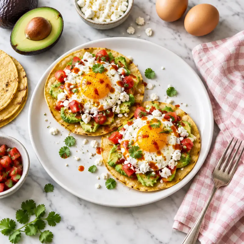Fried Egg Breakfast Tostadas with Tomato, Avocado, Feta & Hot Sauce, plated