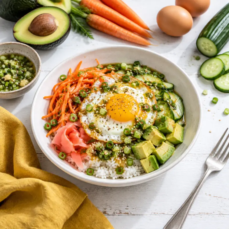 Fried Egg Rice Bowl with Pickled Carrot & Ginger-Green Onion Sauce, plated
