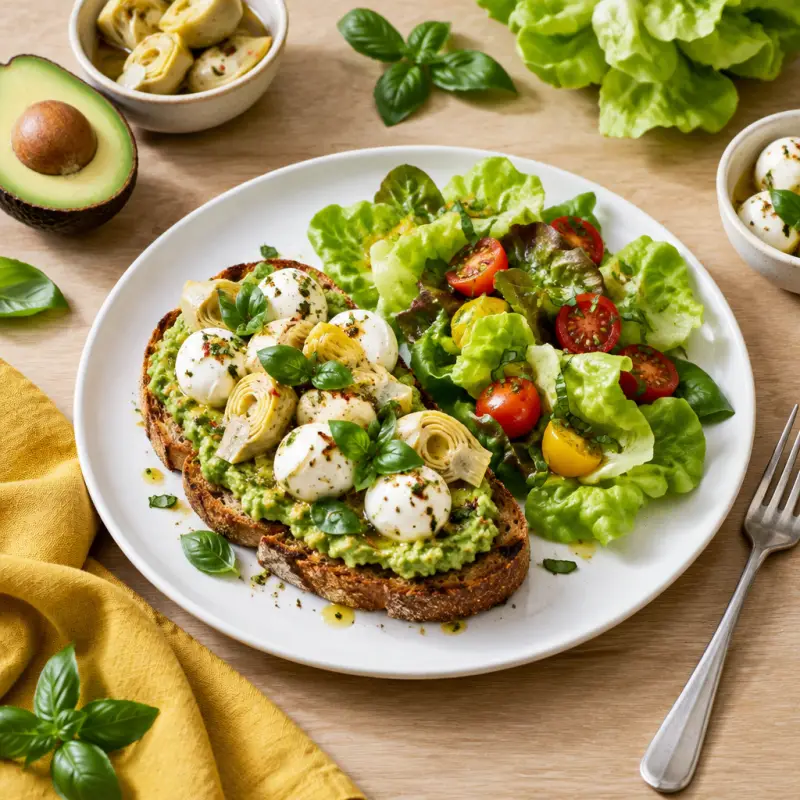 Garlic-Avocado Toast with Marinated Mozzarella, Basil & Side Salad, plated