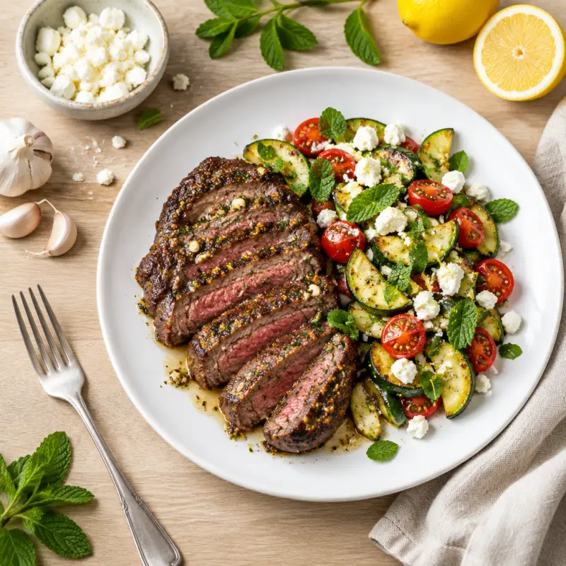 Garlic-Dijon Ribeye with Warm Zucchini, Tomato, Mint & Feta Salad, plated
