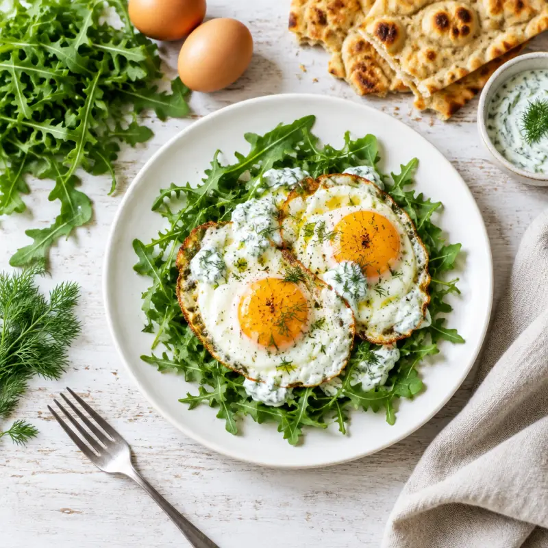 Garlic Dill Yogurt with Arugula & Fried Eggs, plated