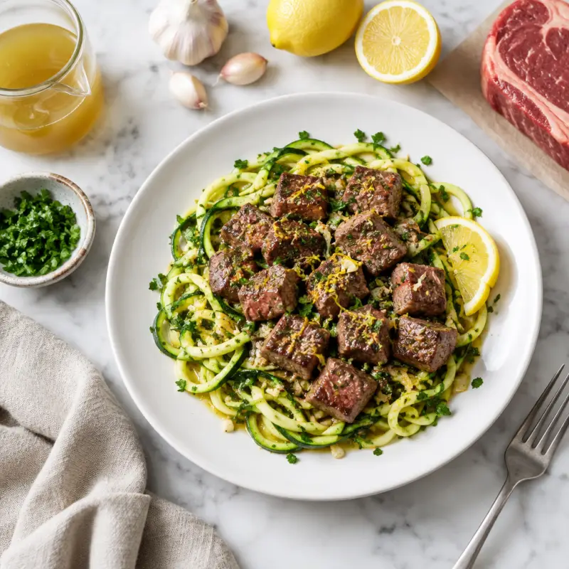 Garlic & Lemon Seared Steak Bites with Zucchini Noodles, plated