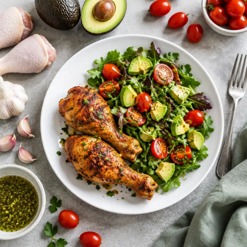 Garlic Paprika Chicken Drumsticks with Avocado, Tomato & Greens Salad, plated