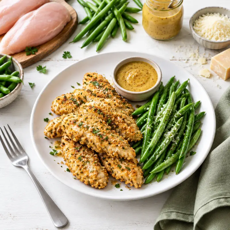 Garlic-Parmesan Chicken Tenders with Green Beans & Honey Mustard Dip, plated