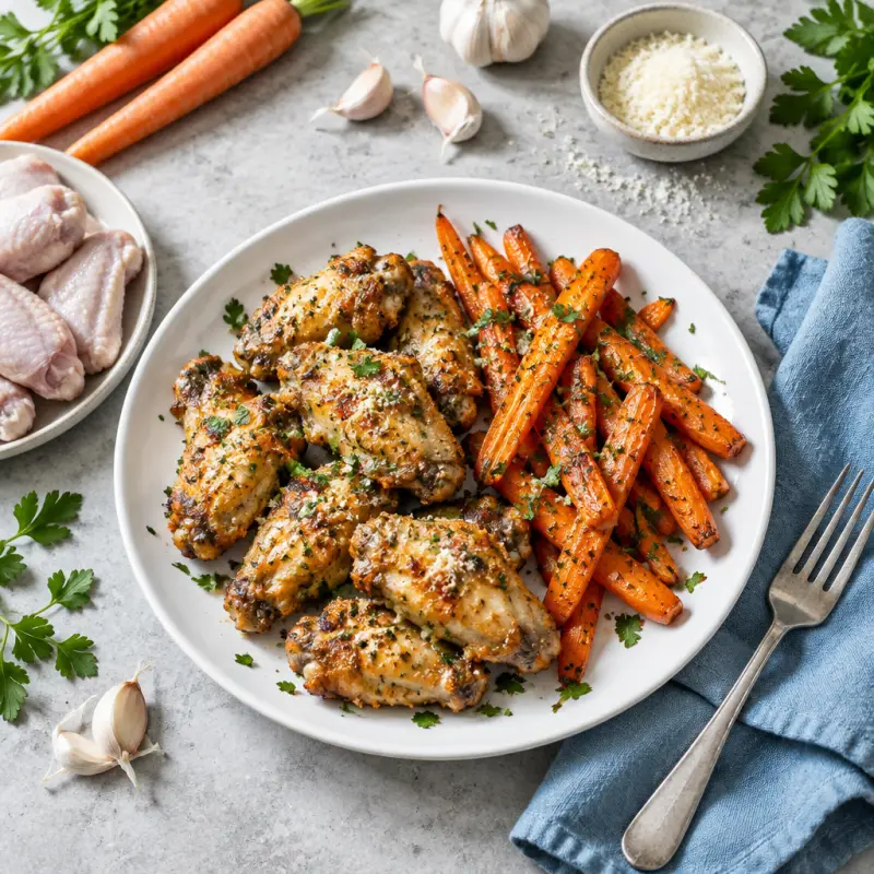 Garlic Parmesan Chicken Wings with Spicy Roasted Carrot, plated