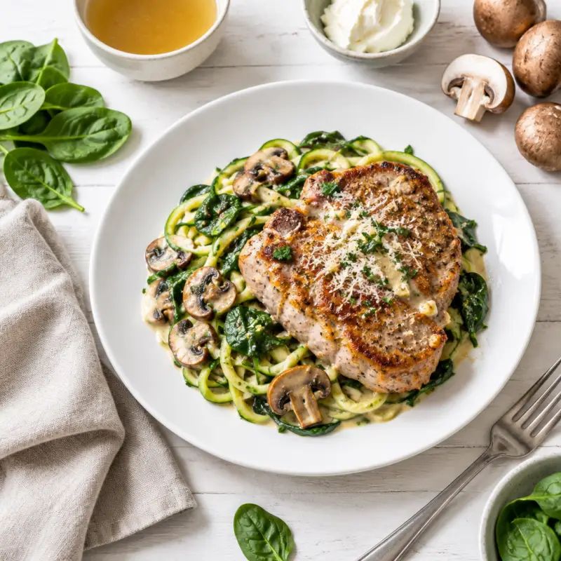 Garlic-Parmesan Pork Chops with Spinach, Mushrooms & Zucchini Noodles, plated