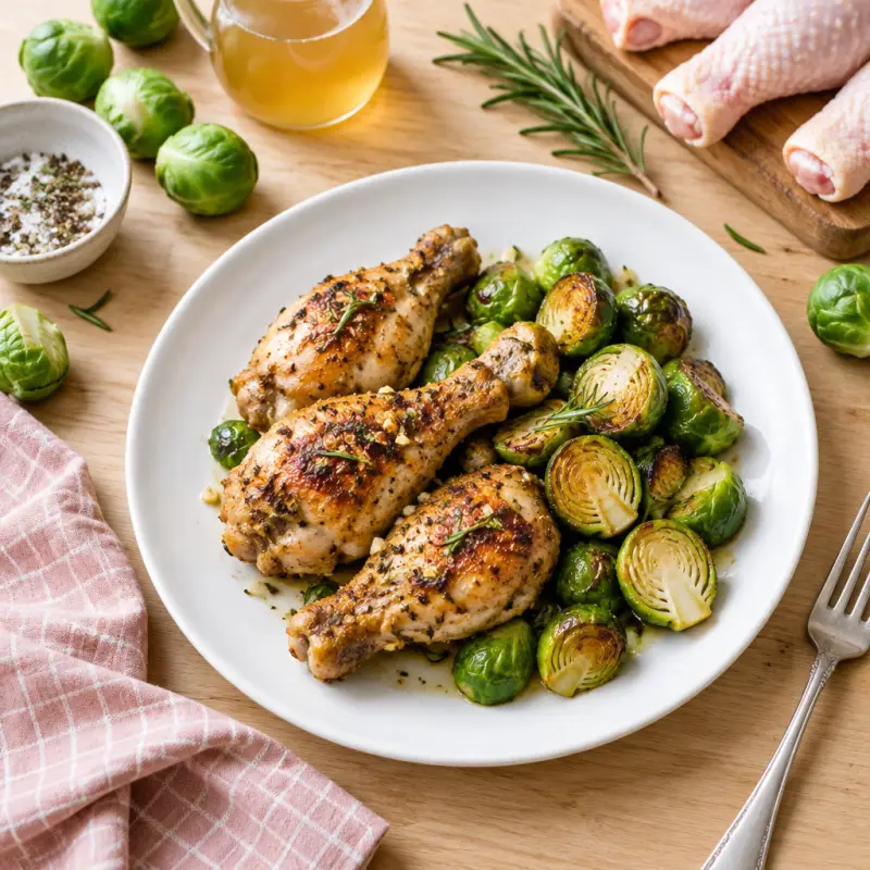 Garlic-Rosemary Chicken Drumsticks with Sautéed Brussels Sprouts, plated