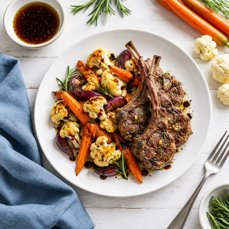 Garlic-Rosemary Lamb Chops with Balsamic Roasted Vegetables, plated