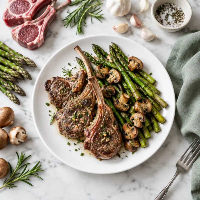 Garlic-Rosemary Lamb Chops with Roasted Asparagus & Mushrooms, plated