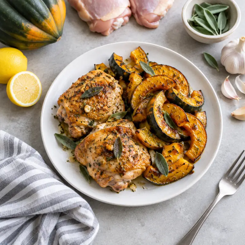Garlic & Sage Chicken Thighs with Maple Roasted Acorn Squash, plated