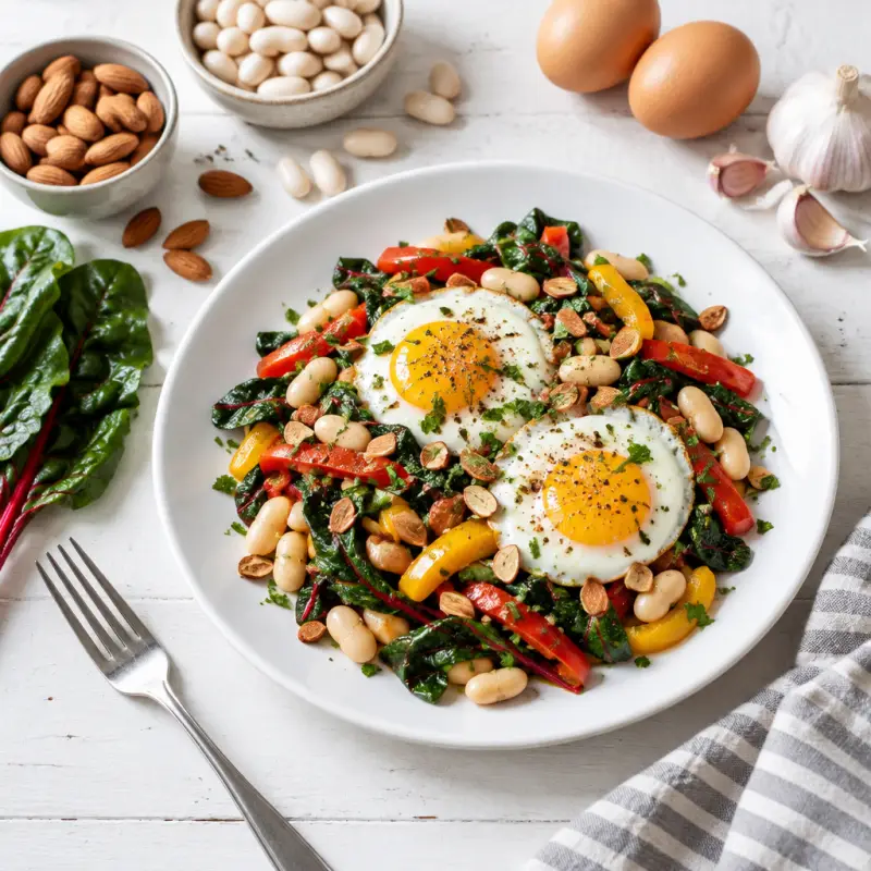 Garlicky Bean, Swiss Chard, Bell Pepper & Almond Sauté with Eggs, plated