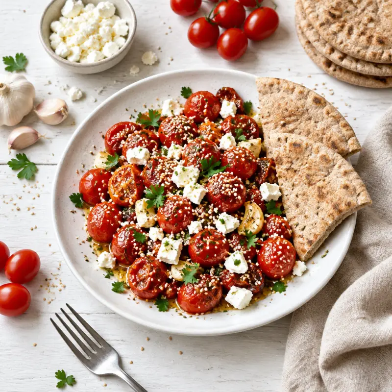 Garlicky Roasted Tomatoes with Feta, Sesame Seeds & Pita Bread, plated