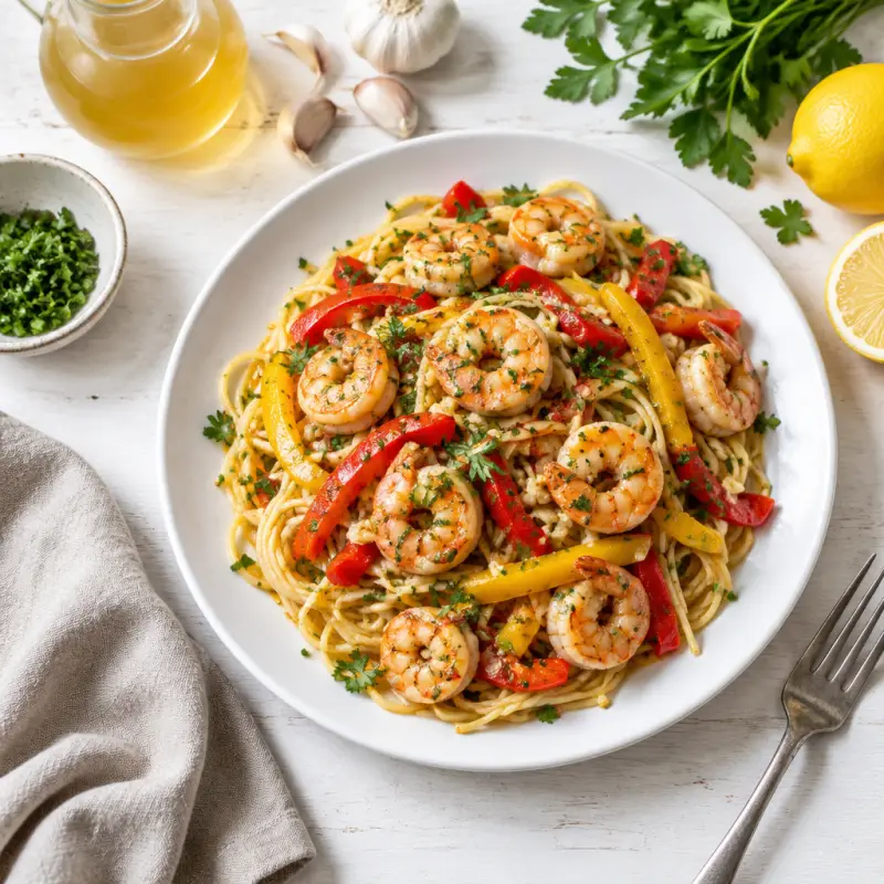 Garlicky Shrimp Scampi with Bell Pepper & Spaghetti, plated