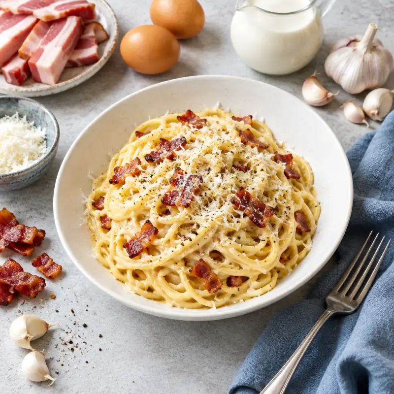 Garlicky Spaghetti Parmesan Carbonara, plated