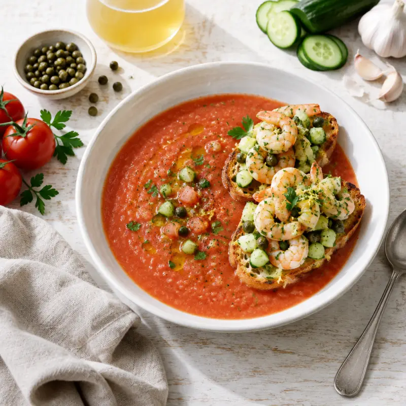Gazpacho (Chilled Veggie Soup) with Lemon-Parsley Shrimp Salad Toasts, plated