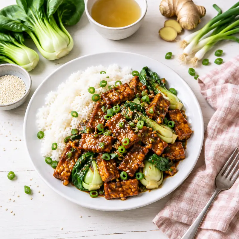 "General Tso's" Tempeh with Green Onion, Bok Choy, Sesame Seeds & Rice, plated