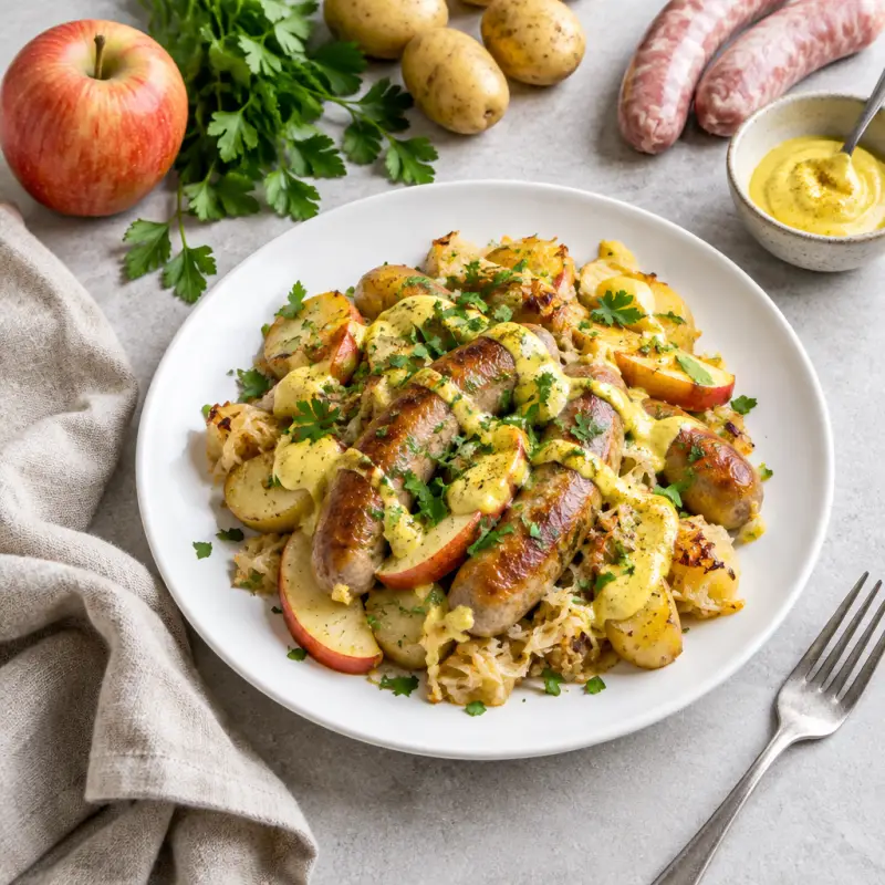German-Style Sausage Bake with Potato, Apple, Sauerkraut & Curry Mayo, plated