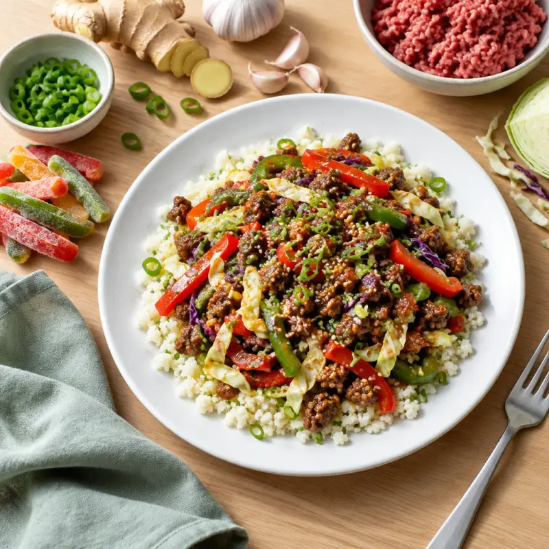 Ginger Beef, Bell Pepper & Cabbage Stir-Fry with Cauliflower Rice, plated