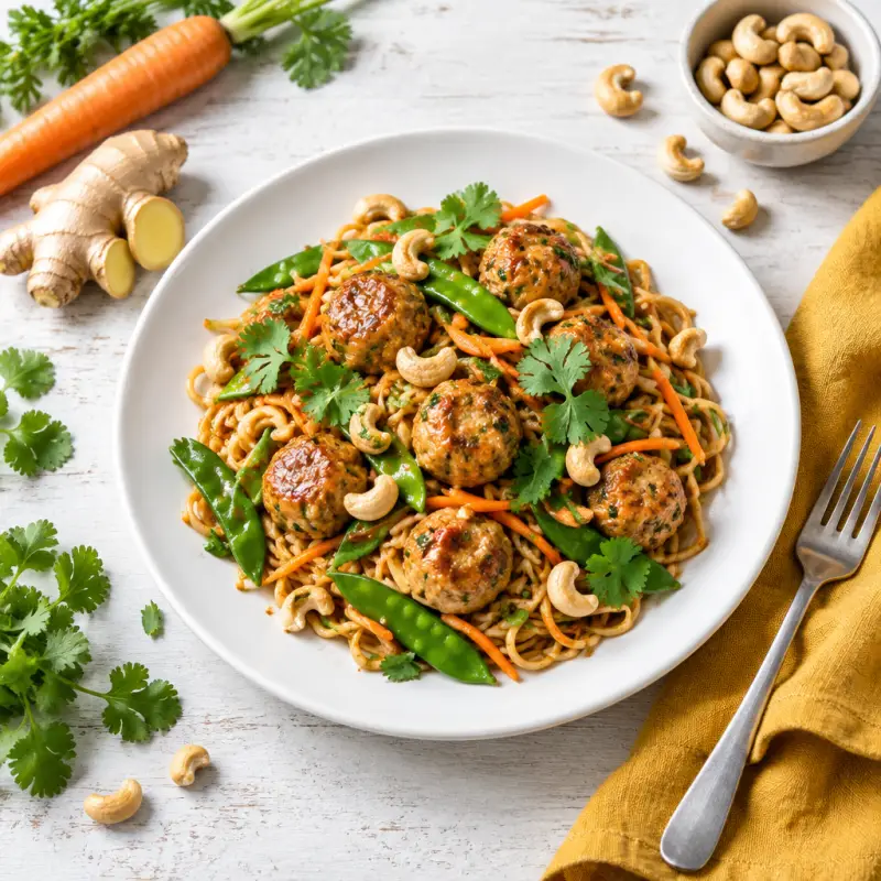 Ginger Chicken Meatball Stir-Fry with Noodles, Snap Peas & Cashews, plated