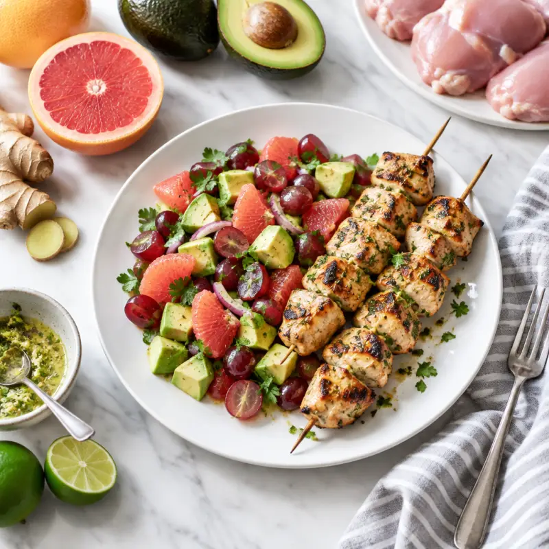 Ginger-Lime Chicken Skewers with Grape, Grapefruit & Avocado Salad, plated