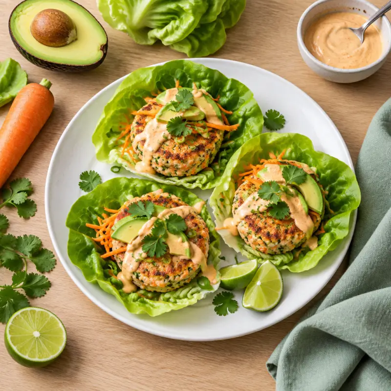 Ginger-Lime Salmon Cake Lettuce Wraps with Spicy Mayo, plated
