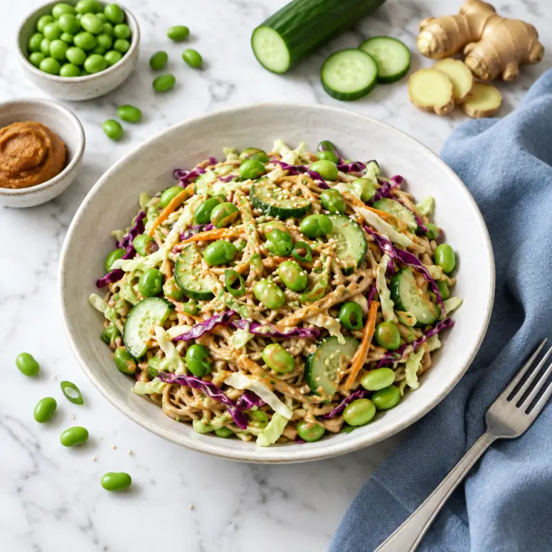Ginger-Miso Pasta Salad with Edamame, Cabbage & Cucumber, plated