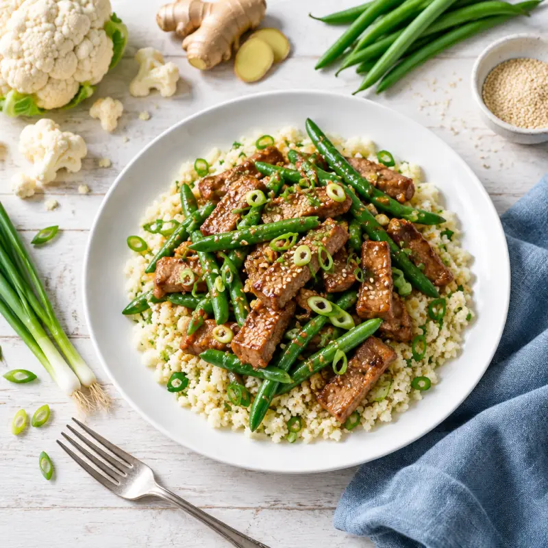 Ginger Pork & Green Bean Stir-Fry over Cauliflower Rice with Sesame, plated