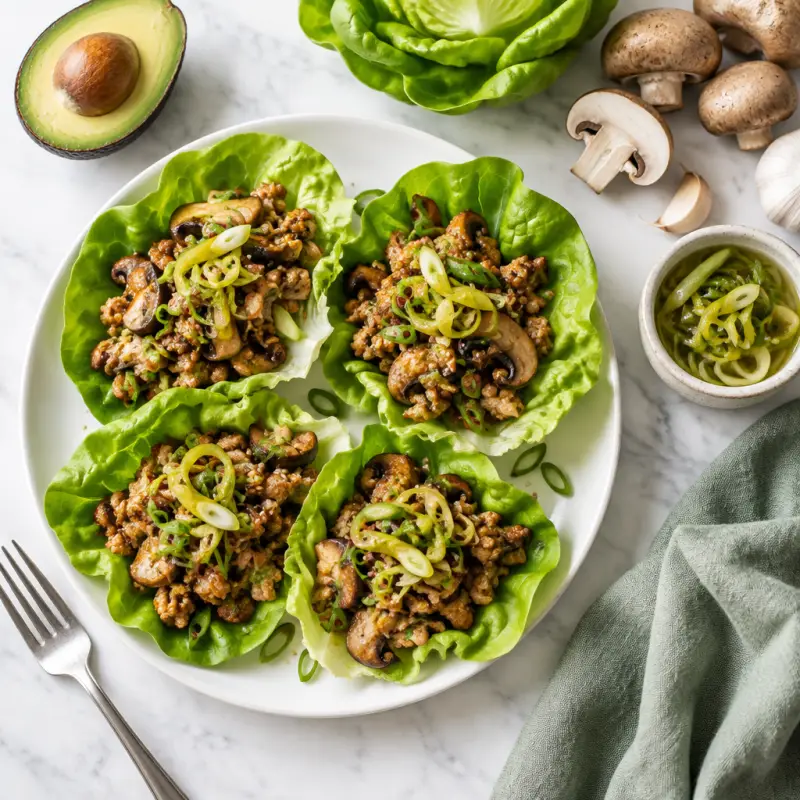 Ginger Pork, Mushroom & Avocado Lettuce Wraps with Pickled Green Onion, plated