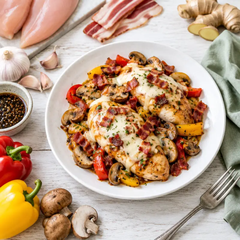 Ginger-Soy Chicken with Mozzarella, Bacon, Bell Peppers & Mushrooms, plated