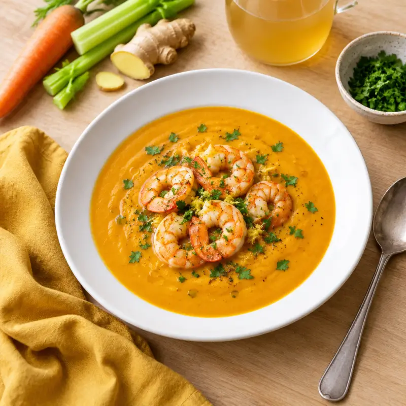 Gingered Pumpkin Bisque with Shrimp, plated