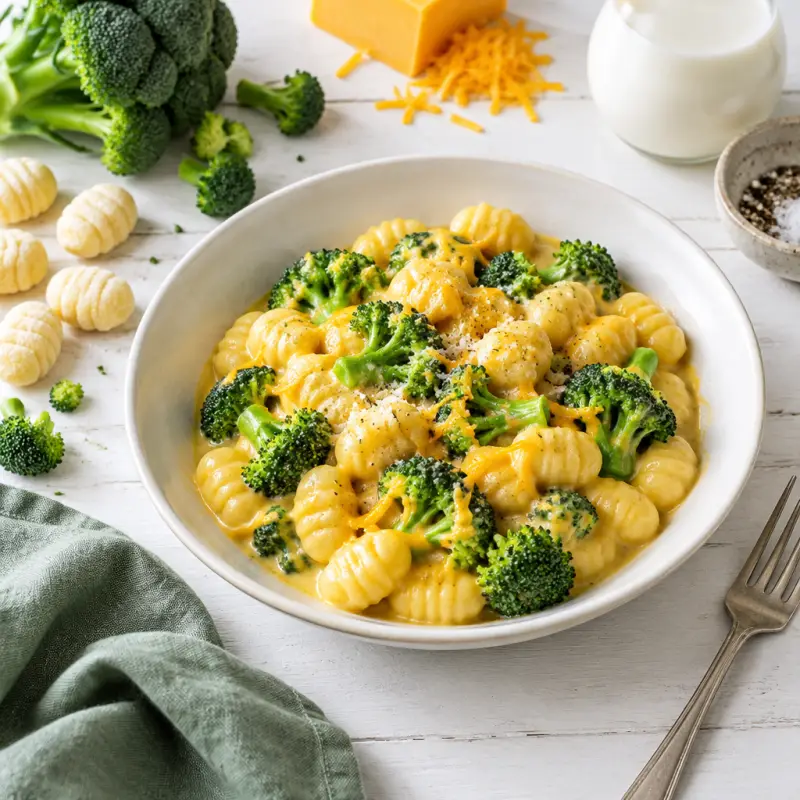 Gnocchi with Broccoli & Cheddar Cheese Sauce, plated