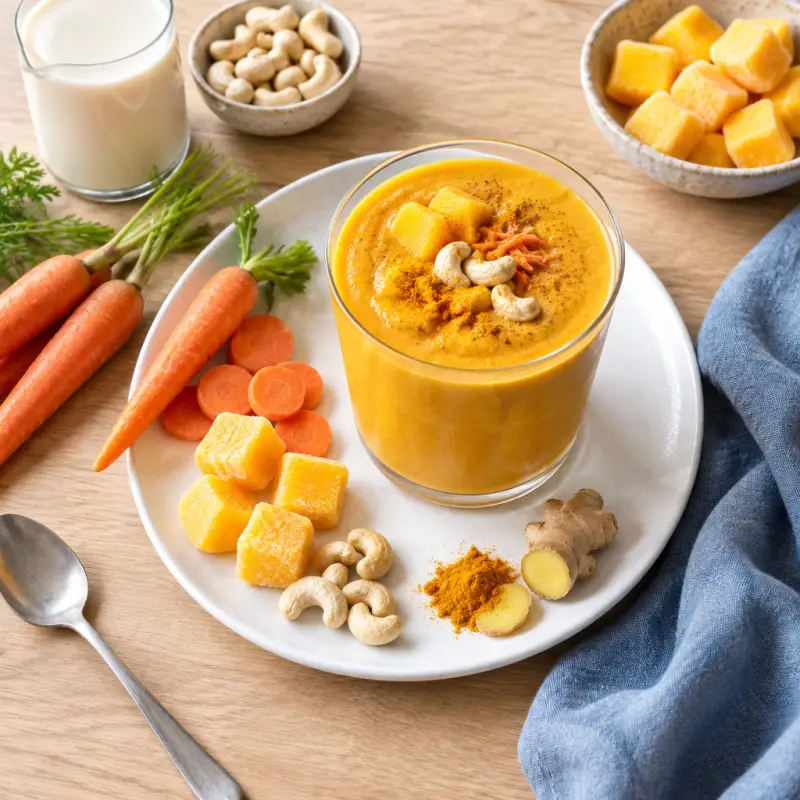 Golden Carrot Orange Smoothie with Turmeric & Ginger, plated