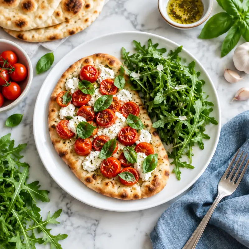 Grape Tomato, Basil & Ricotta Flatbread Pizza with Arugula Salad, plated