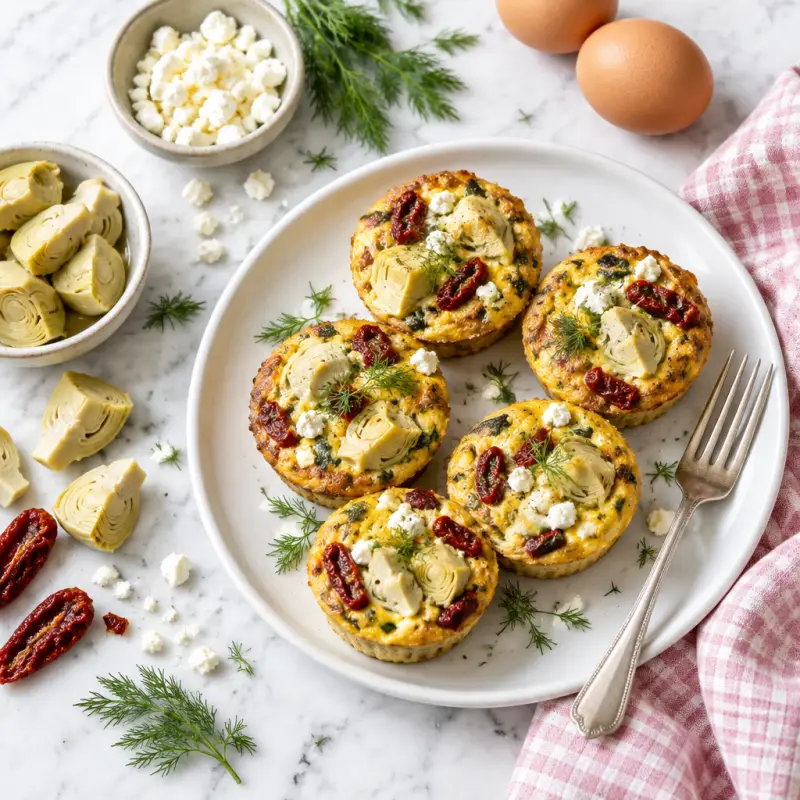 Greek Egg Muffins with Feta, Artichokes, Sun-Dried Tomatoes & Dill, plated