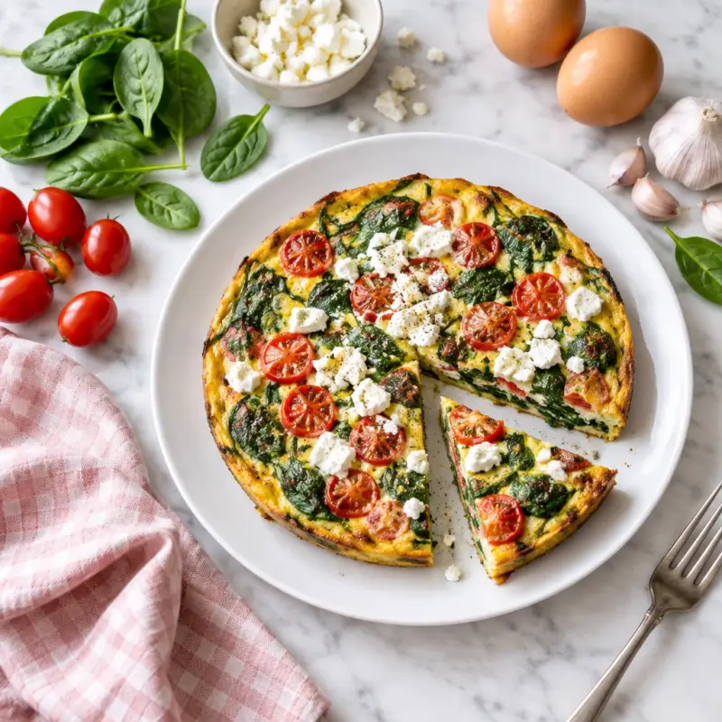 Greek Frittata with Spinach, Grape Tomatoes & Feta, plated