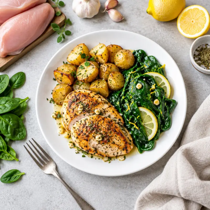 Greek Garlic Chicken & Potatoes with Sautéed Lemon Spinach, plated