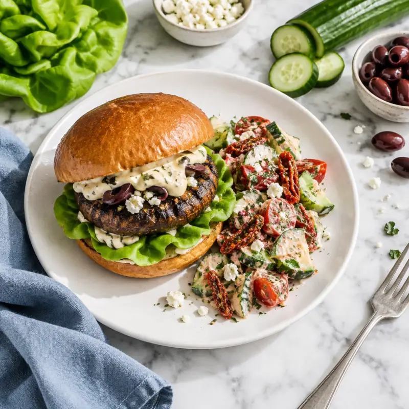 Greek Mushroom Burger with Olive Mayo & Creamy Sun-Dried Tomato Salad, plated