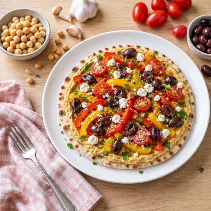 Greek Pita Pizza with Chickpea Spread, Bell Peppers, Tomatoes & Olives, plated