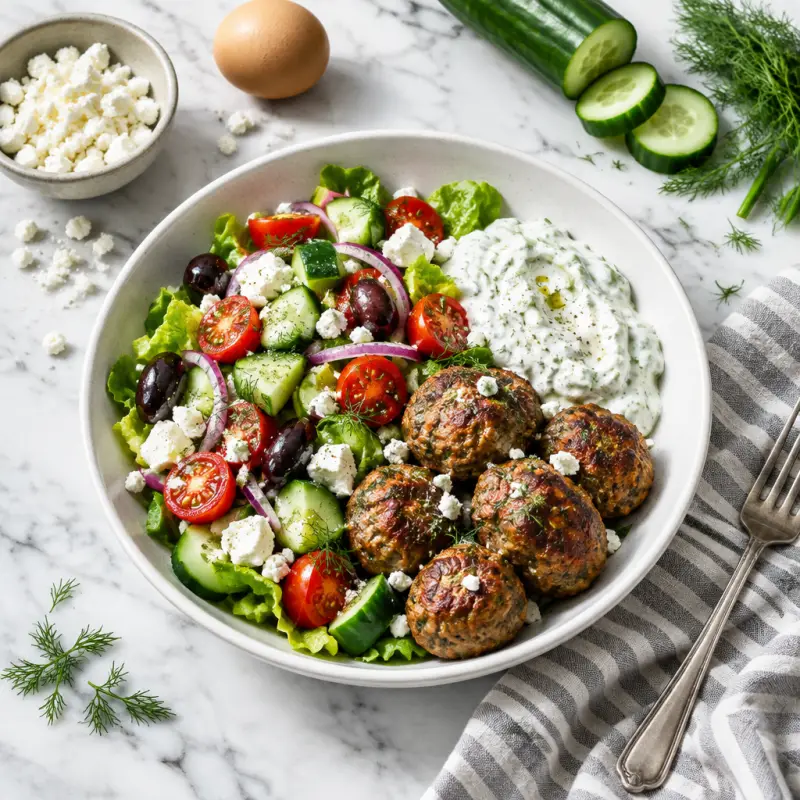 Greek Salad Bowl with Tzatziki & Baked Meatballs, plated