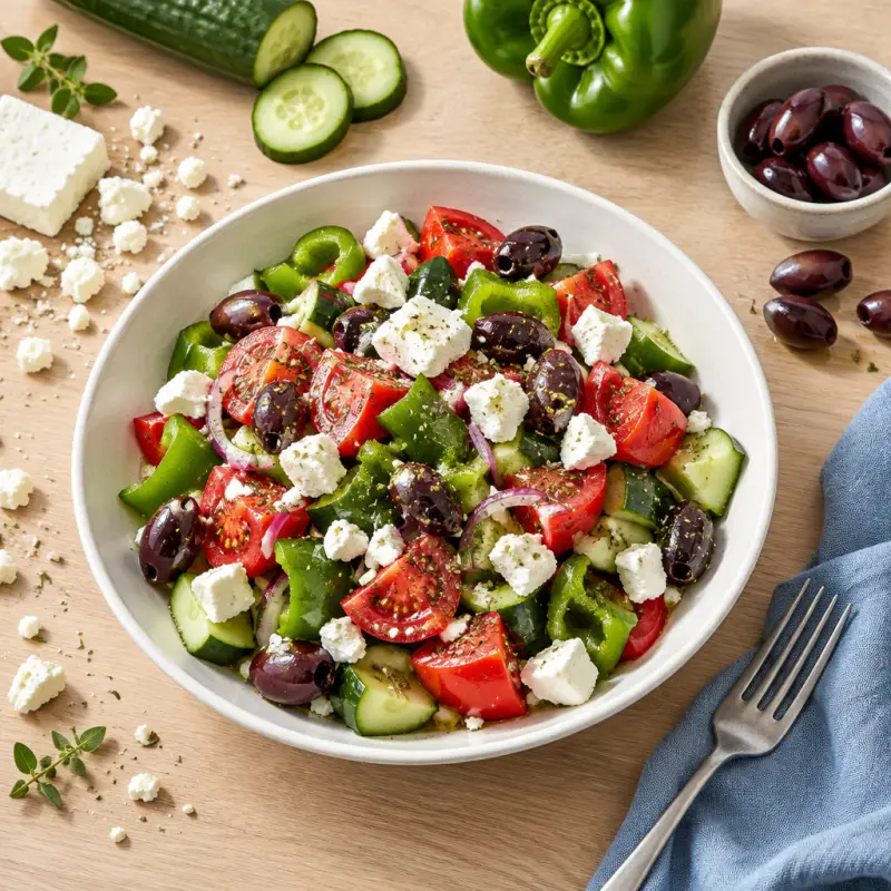 Greek Salad with Cucumber, Bell Pepper, Tomato, Feta & Olives, plated