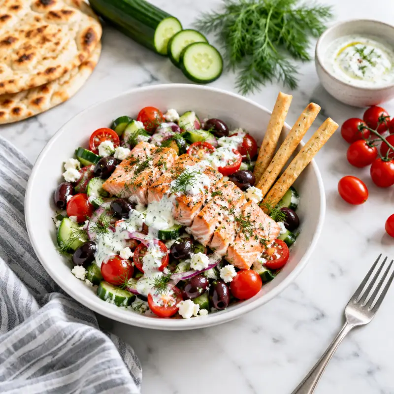 Greek Salmon Salad with Tomato, Olives, Yogurt Dressing & Breadsticks, plated