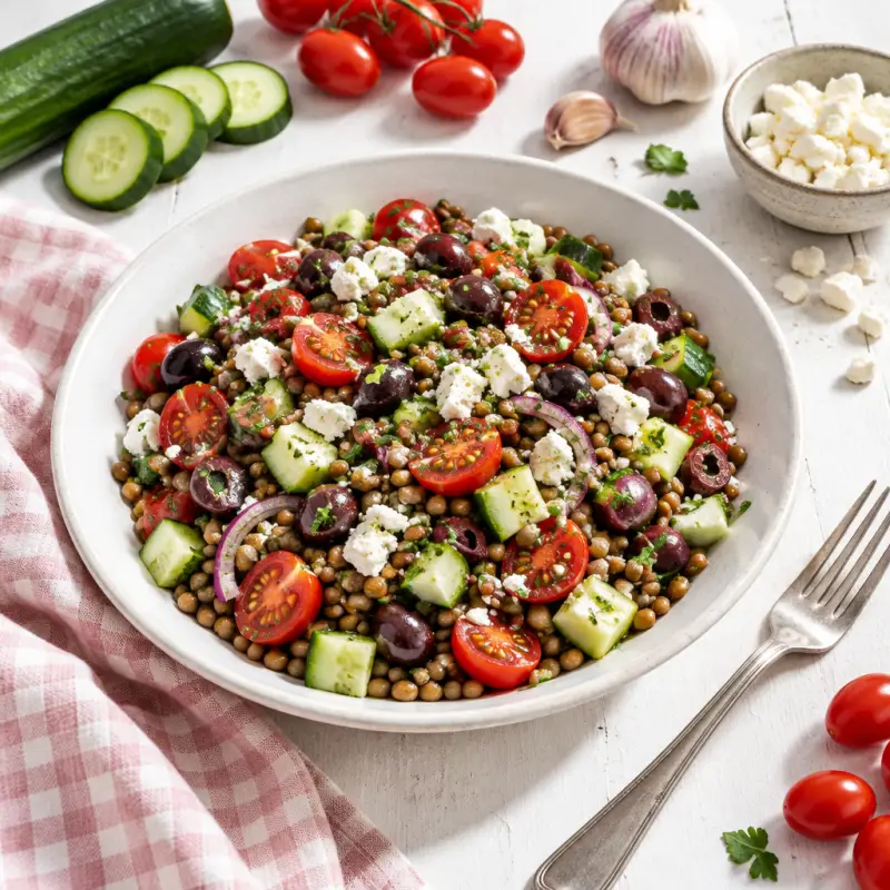 Greek-Style Lentil Salad with Cucumber, Tomatoes, Olives & Feta, plated