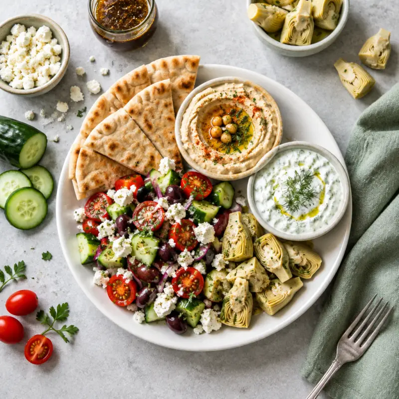 Greek-Style Mezze Platter with Pita, Hummus, Tzatziki & Salad, plated