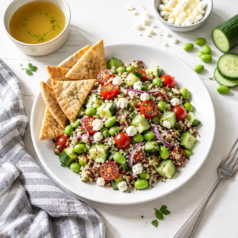 Greek-Style Quinoa & Edamame Salad Bowl with Pita Chips, plated