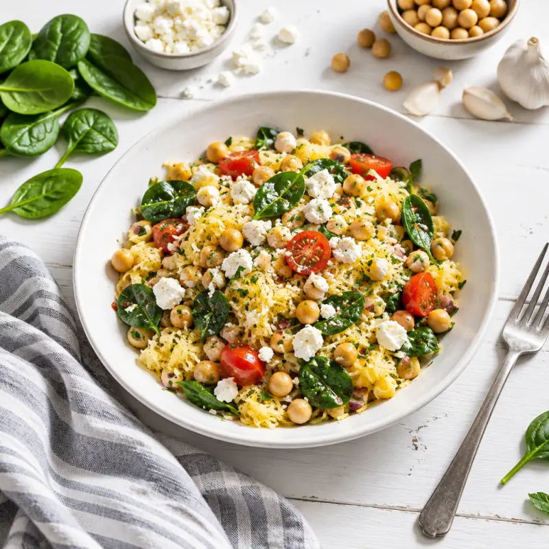 Greek-Style Spaghetti Squash Toss with Chickpeas & Feta, plated