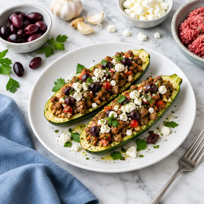 Greek-Style Stuffed Zucchini Boats with Ground Beef, plated