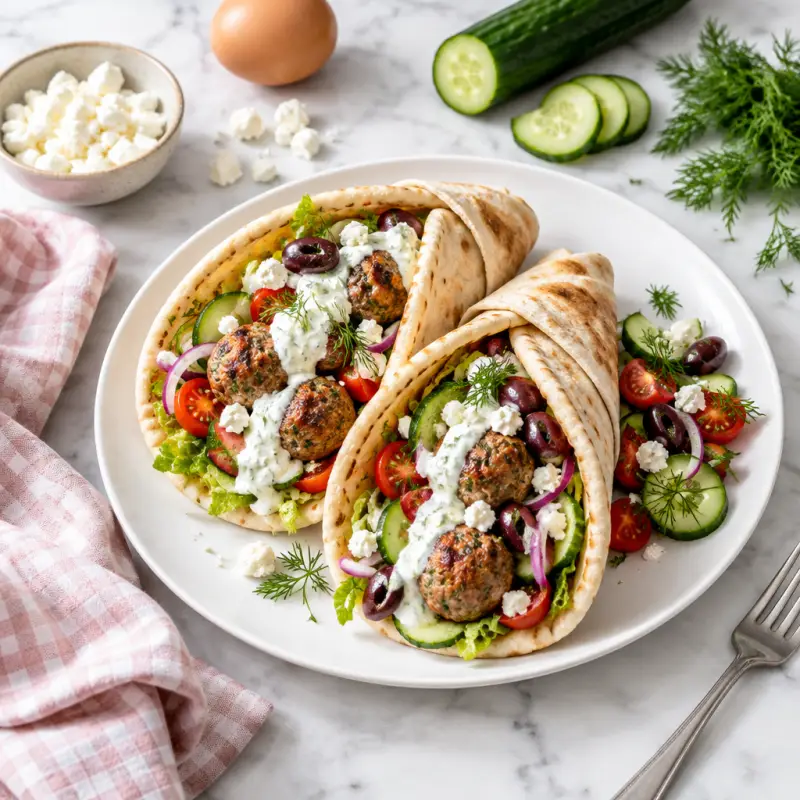 Greek Turkey Meatball Pita Wraps with Veggies, Olives & Feta Sauce, plated