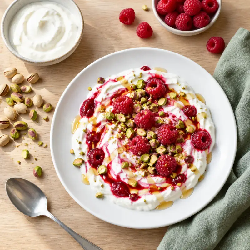 Greek Yogurt with Honey-Raspberry Swirl & Pistachios, plated