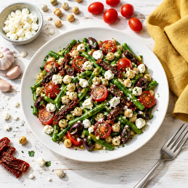 Green Bean, Chickpea & Sun-Dried Tomato Salad with Feta & Olives, plated