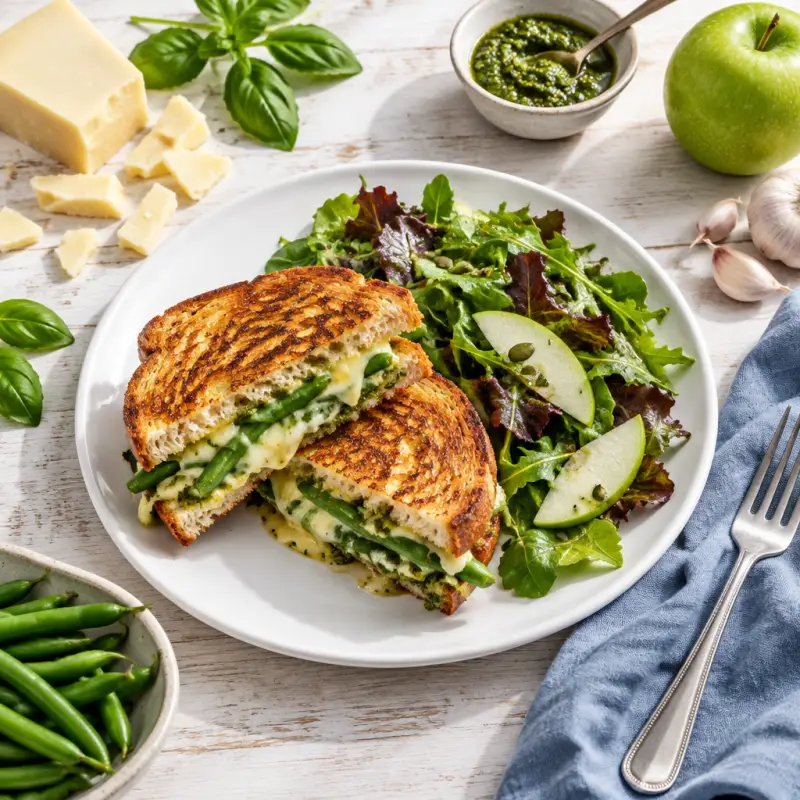 Green Bean, Pesto & White Cheddar Grilled Cheese with Mixed Greens, plated